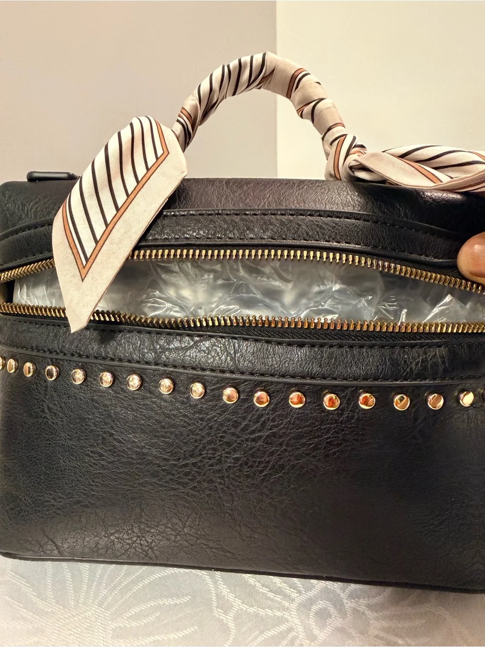 Black Studded faux  Leather Satchel with Scarf-Wrapped Handle